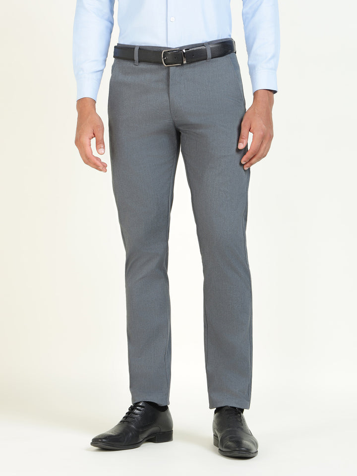 Men Bluish Grey Solid Cotton Elastene Slim Fit Formal Trouser