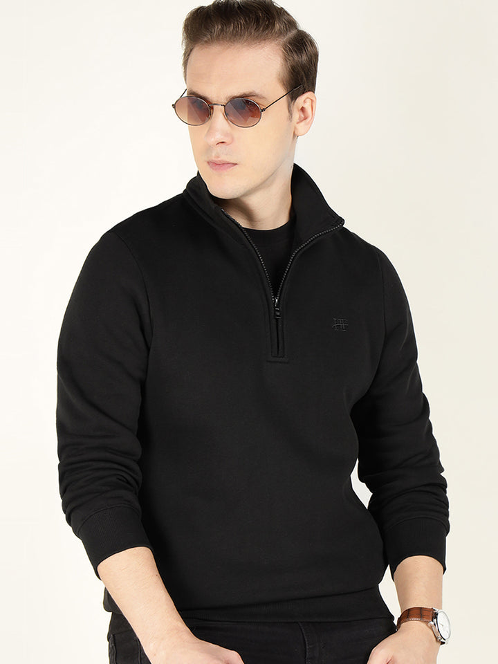 Men Black Solid Cotton Rich Regular Fit Casual Sweatshirt
