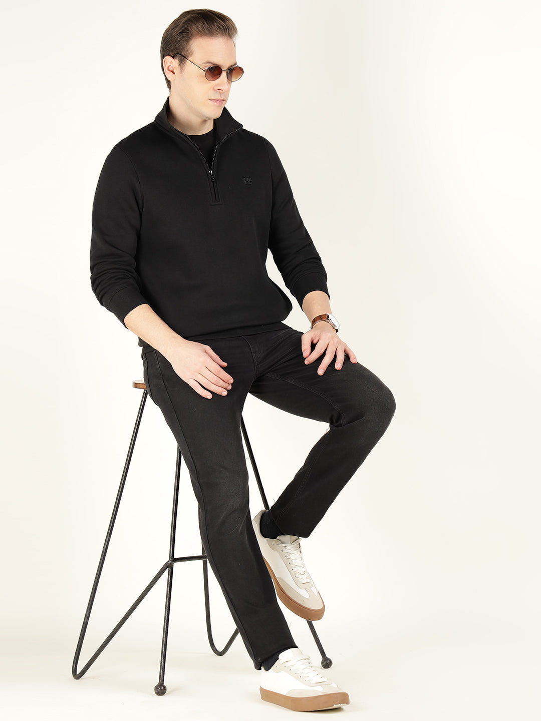 Men Black Solid Cotton Rich Regular Fit Casual Sweatshirt