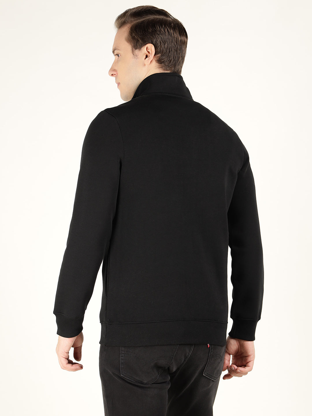 Men Black Solid Cotton Rich Regular Fit Casual Sweatshirt