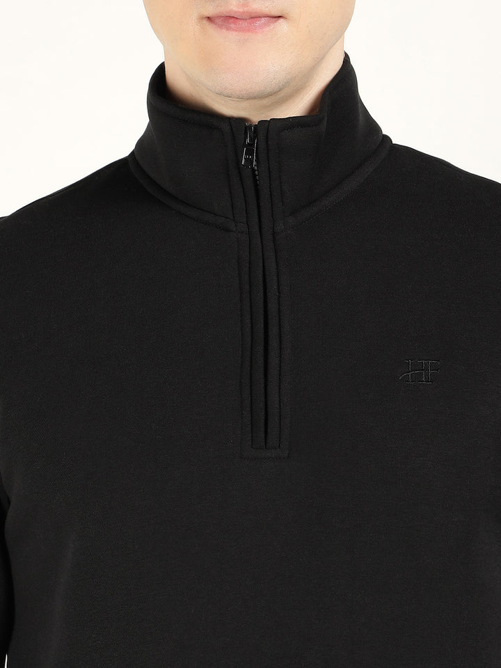 Men Black Solid Cotton Rich Regular Fit Casual Sweatshirt