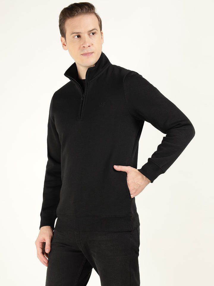 Men Black Solid Cotton Rich Regular Fit Casual Sweatshirt