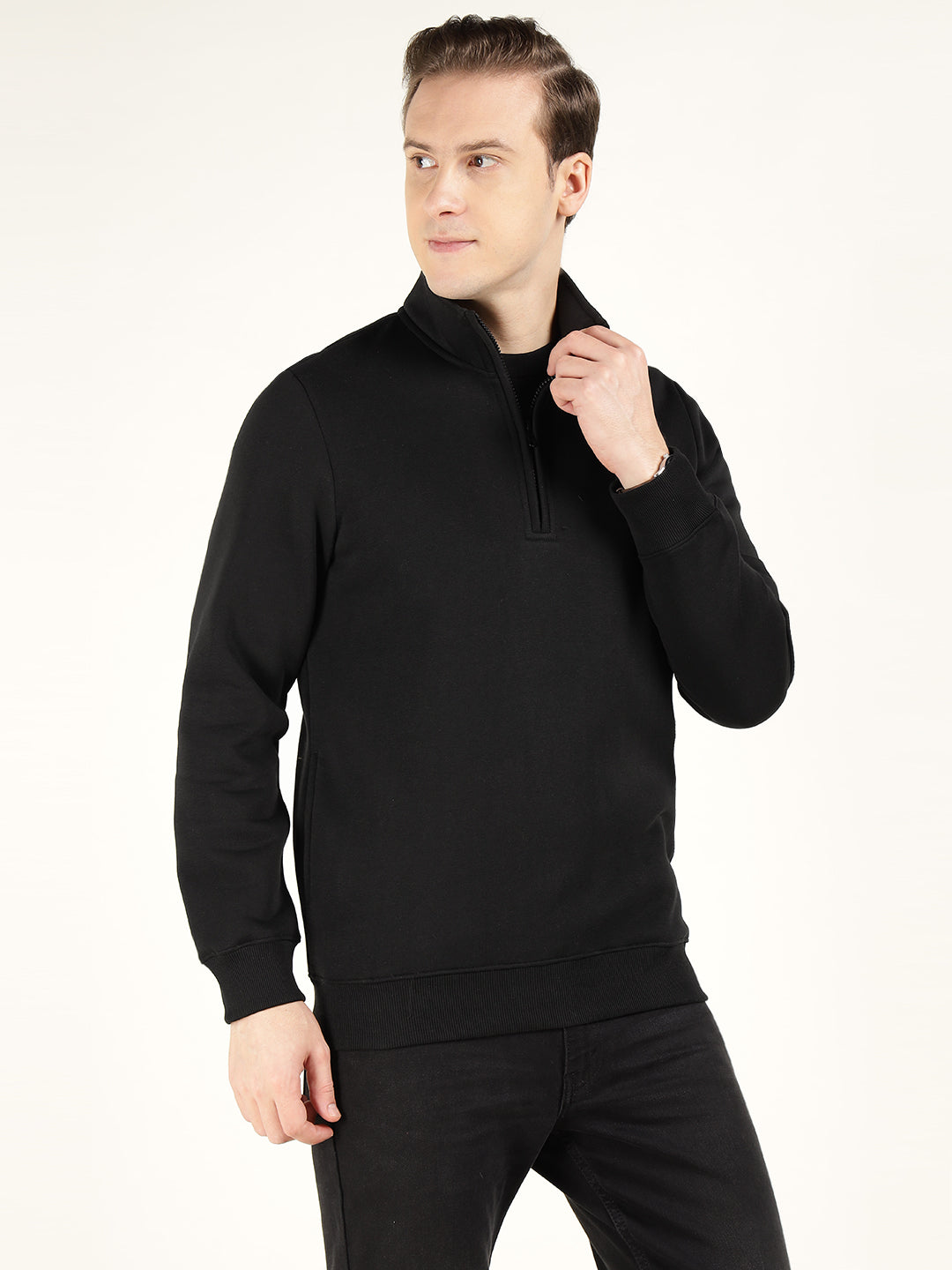 Men Black Solid Cotton Rich Regular Fit Casual Sweatshirt