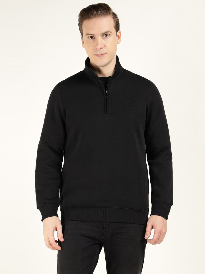 Men Black Solid Cotton Rich Regular Fit Casual Sweatshirt