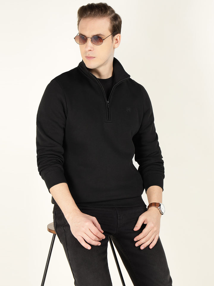 Men Black Solid Cotton Rich Regular Fit Casual Sweatshirt