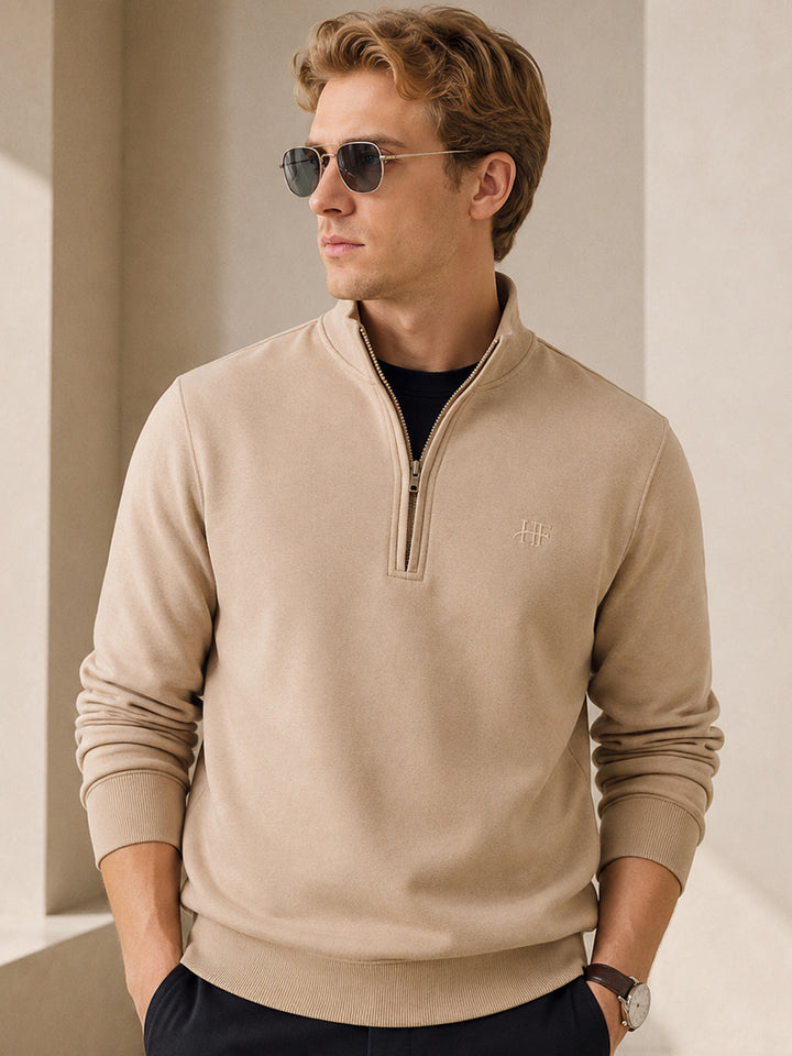 Men Beige Solid Cotton Rich Regular Fit Casual Sweatshirt