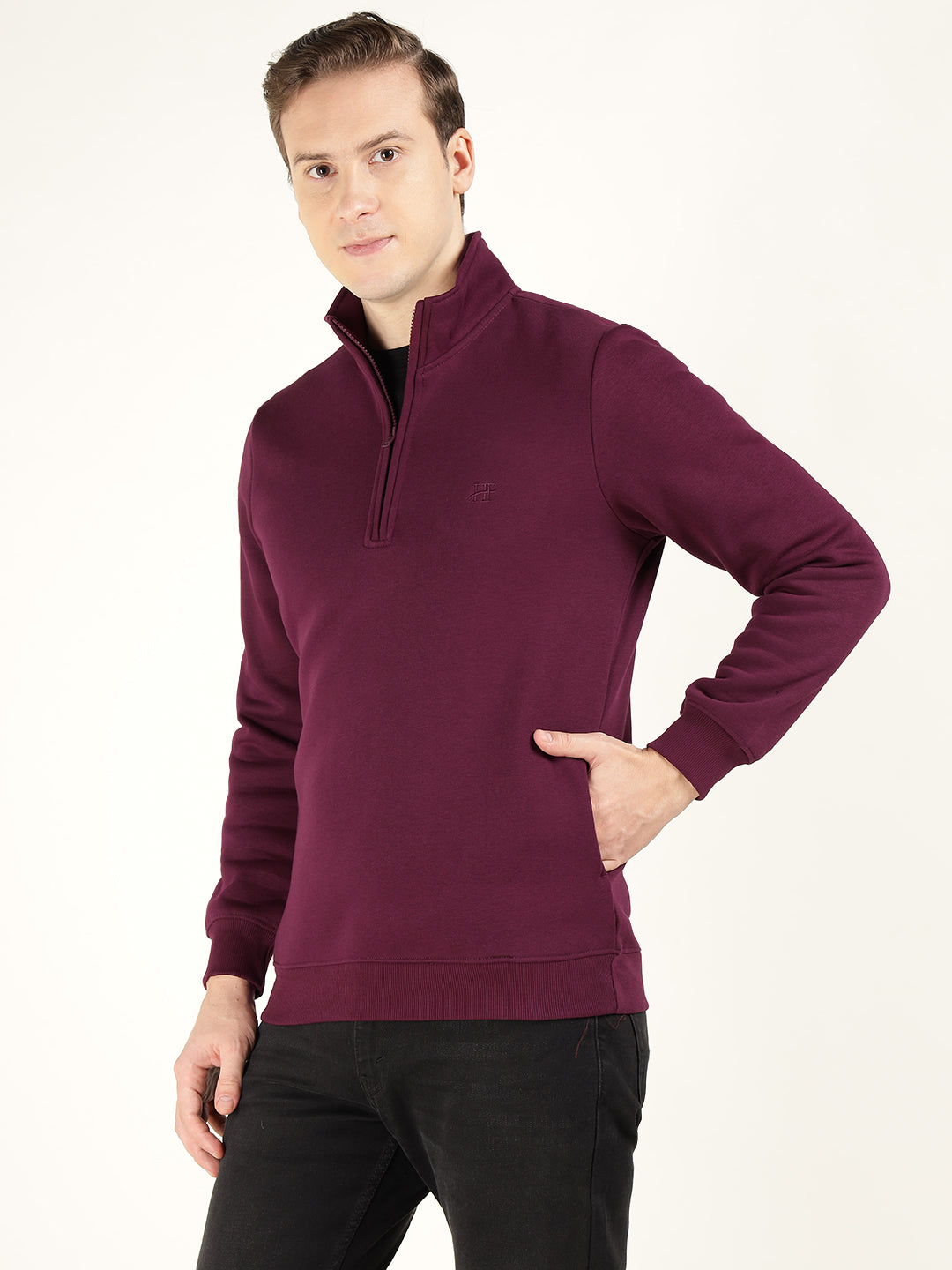 Hancock Men Burgundy Solid Cotton Rich Regular Fit Casual Sweatshirt