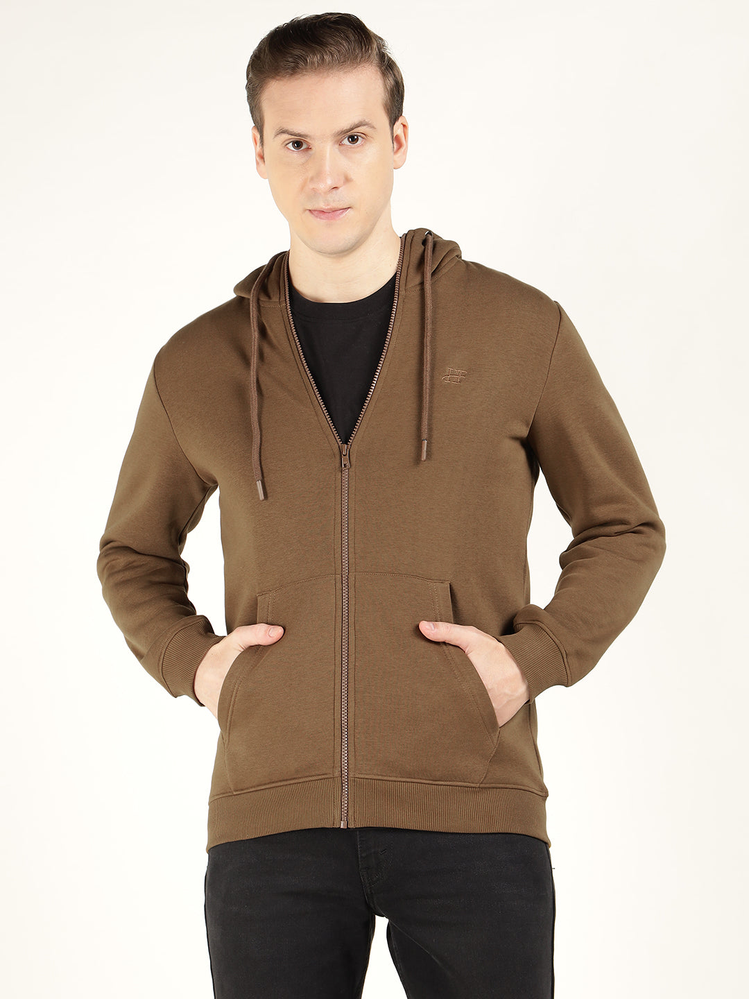 Hancock Men Tan Solid Cotton Rich Regular Fit Casual Sweatshirt