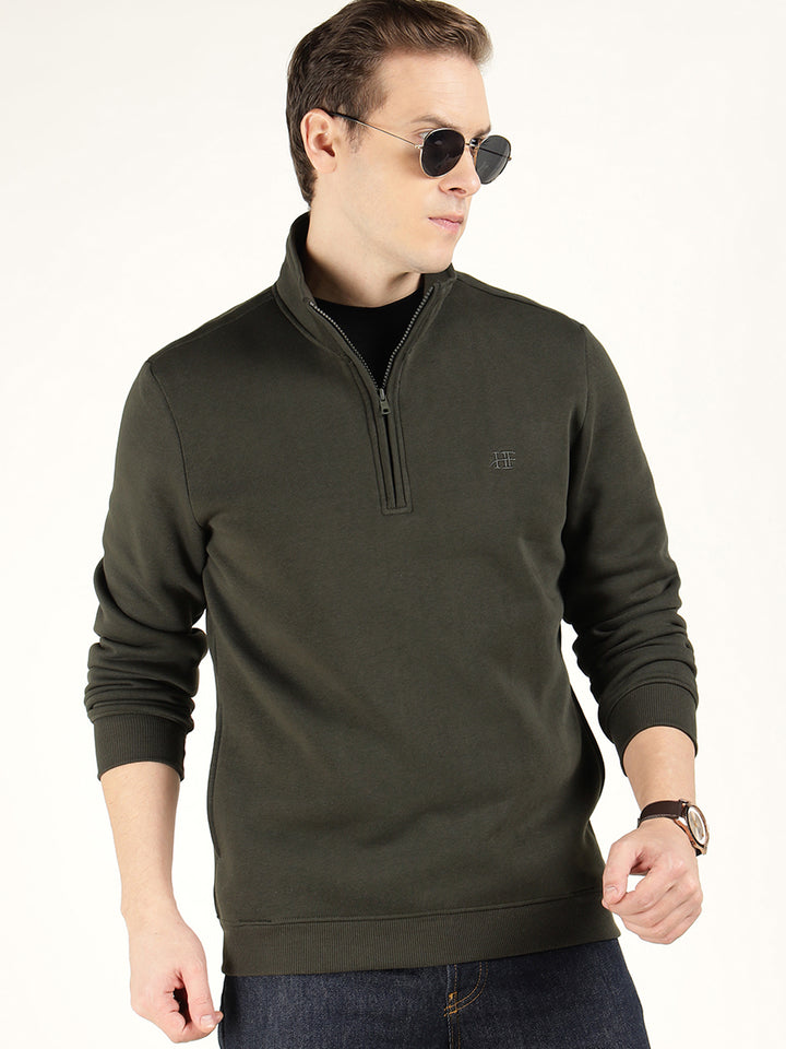 Hancock Men Olive Solid Cotton Rich Regular Fit Casual Sweatshirt