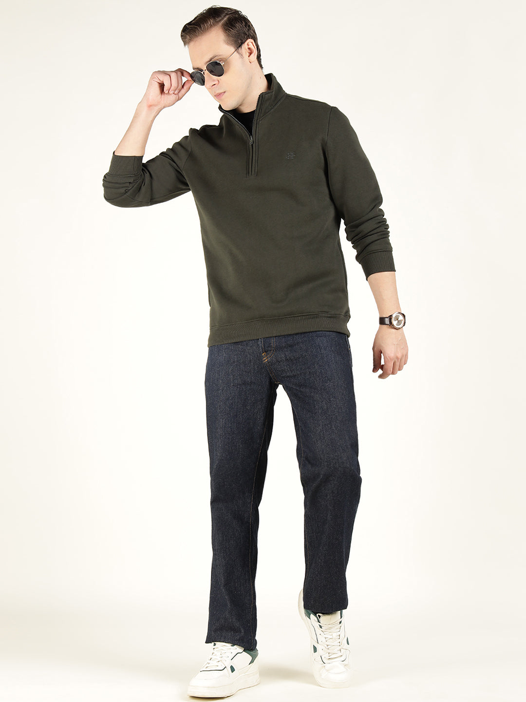 Hancock Men Olive Solid Cotton Rich Regular Fit Casual Sweatshirt