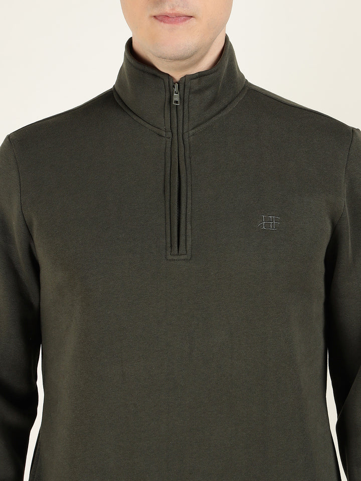 Hancock Men Olive Solid Cotton Rich Regular Fit Casual Sweatshirt