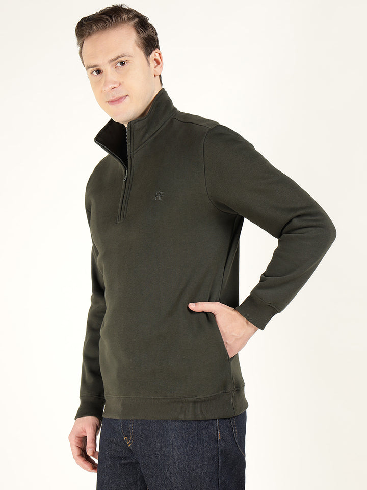 Hancock Men Olive Solid Cotton Rich Regular Fit Casual Sweatshirt