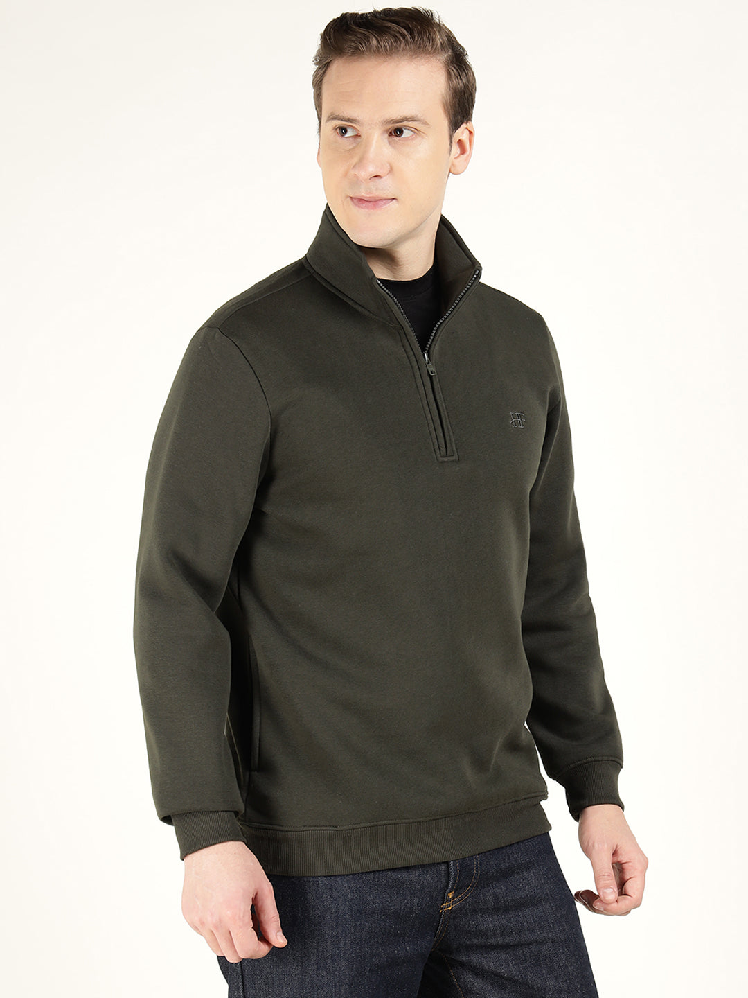 Hancock Men Olive Solid Cotton Rich Regular Fit Casual Sweatshirt