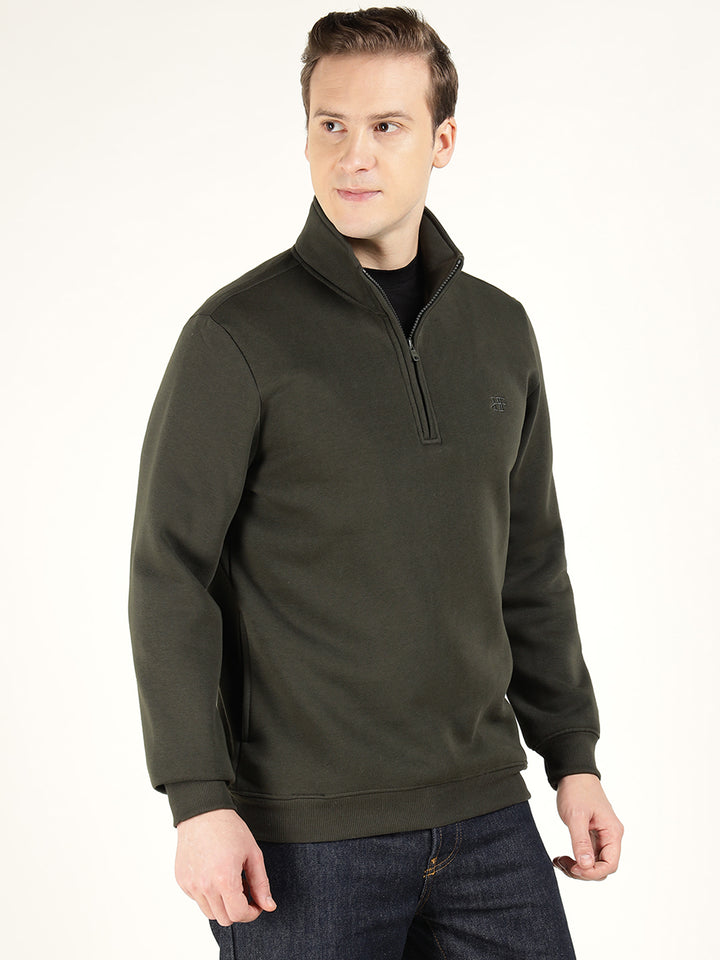 Hancock Men Olive Solid Cotton Rich Regular Fit Casual Sweatshirt