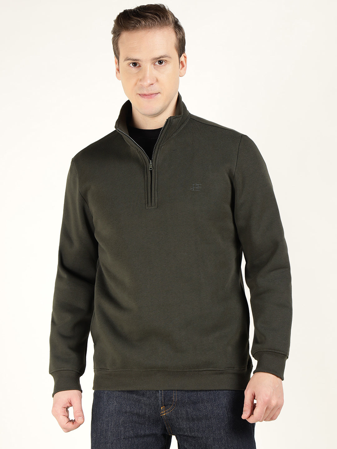 Hancock Men Olive Solid Cotton Rich Regular Fit Casual Sweatshirt