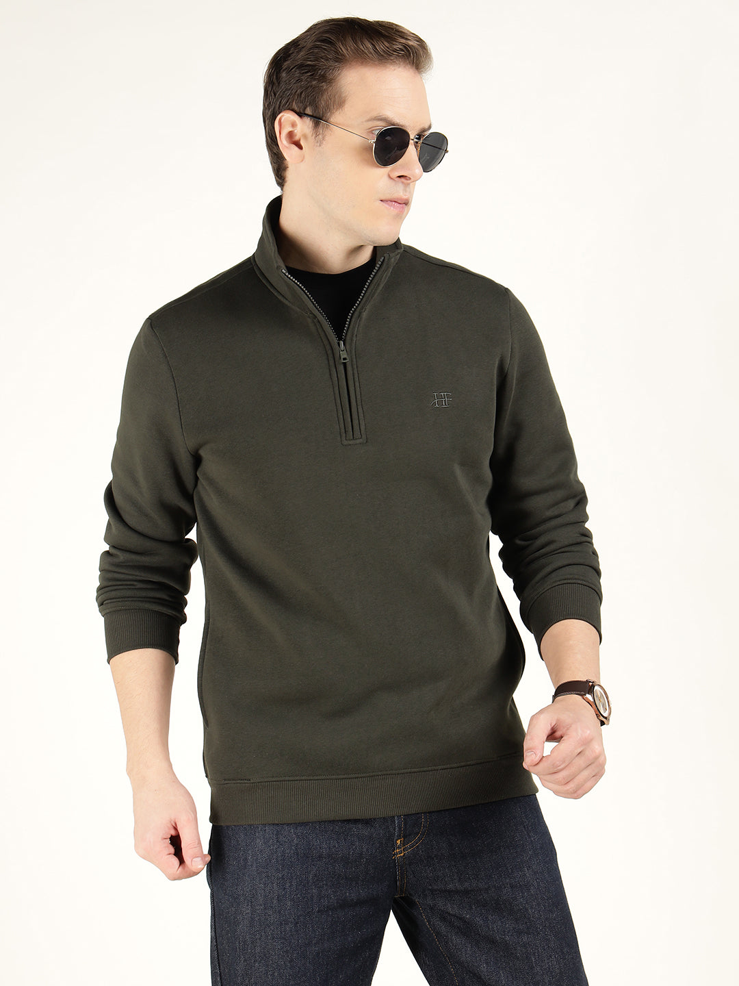 Hancock Men Olive Solid Cotton Rich Regular Fit Casual Sweatshirt