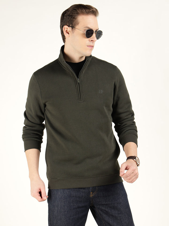 Hancock Men Olive Solid Cotton Rich Regular Fit Casual Sweatshirt