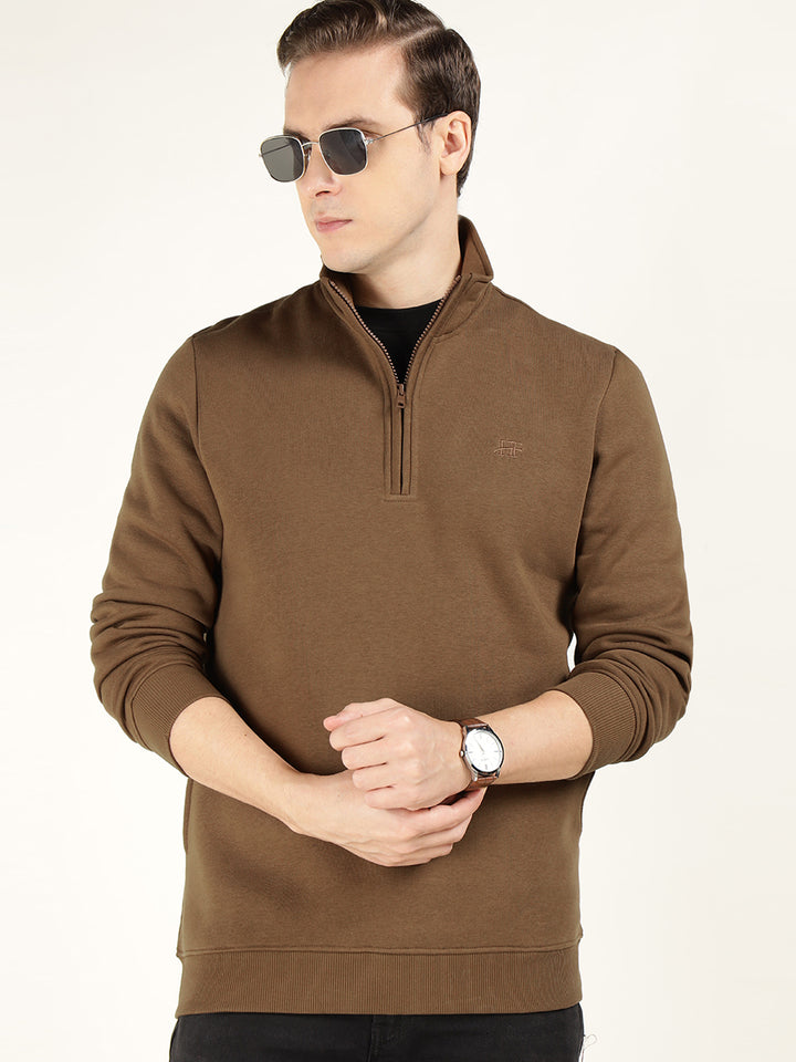Men Tan Solid Cotton Rich Regular Fit Casual Sweatshirt