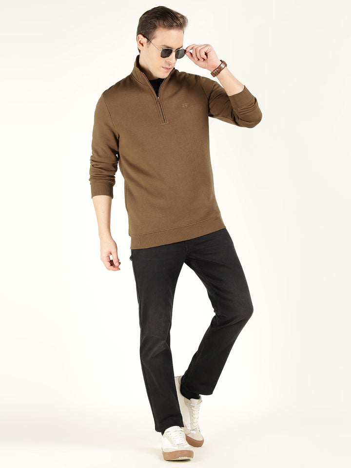 Men Tan Solid Cotton Rich Regular Fit Casual Sweatshirt