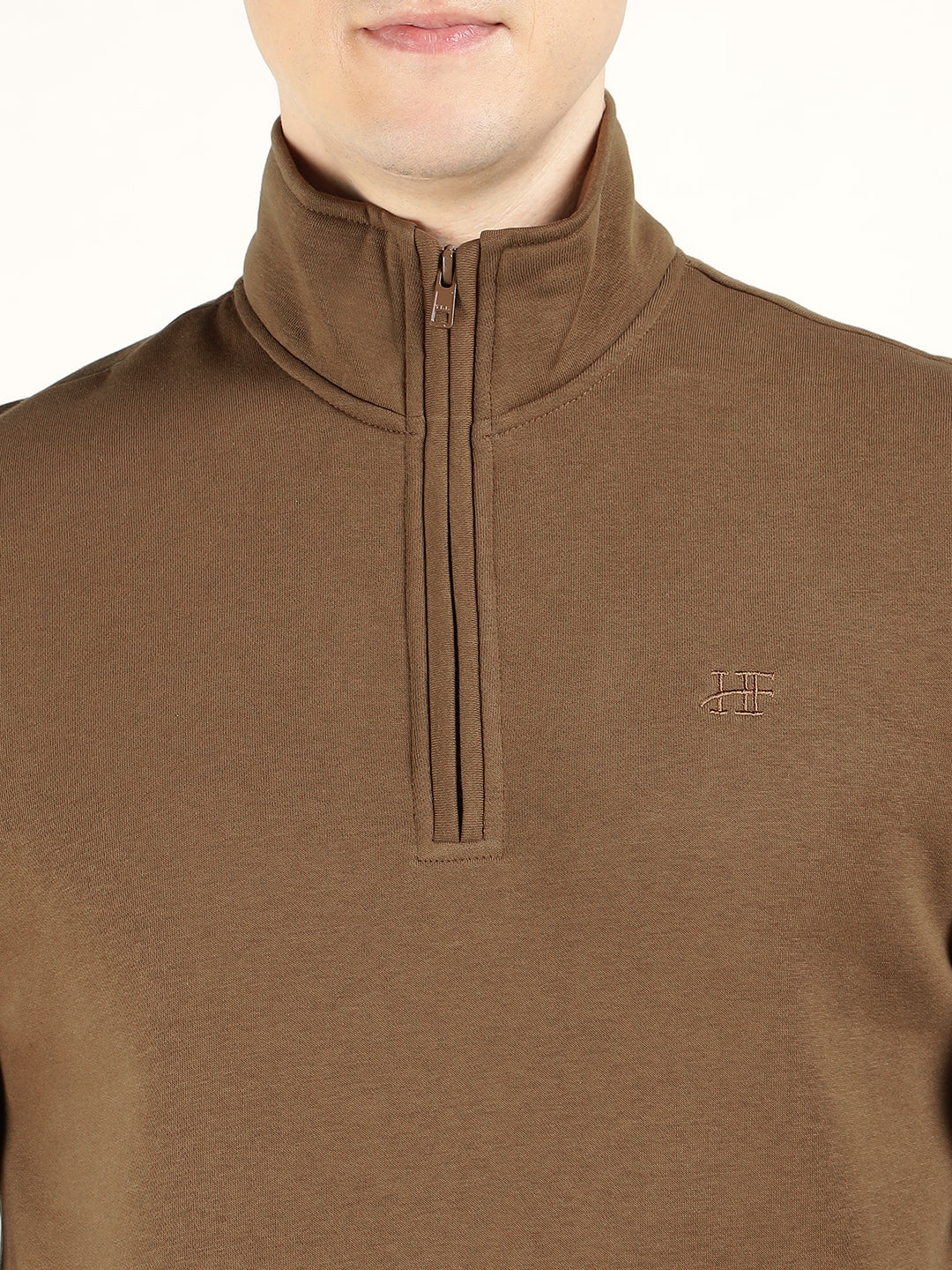 Men Tan Solid Cotton Rich Regular Fit Casual Sweatshirt