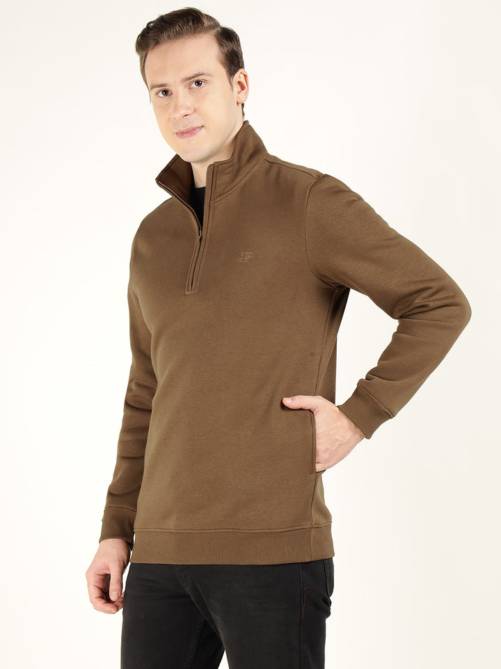 Men Tan Solid Cotton Rich Regular Fit Casual Sweatshirt