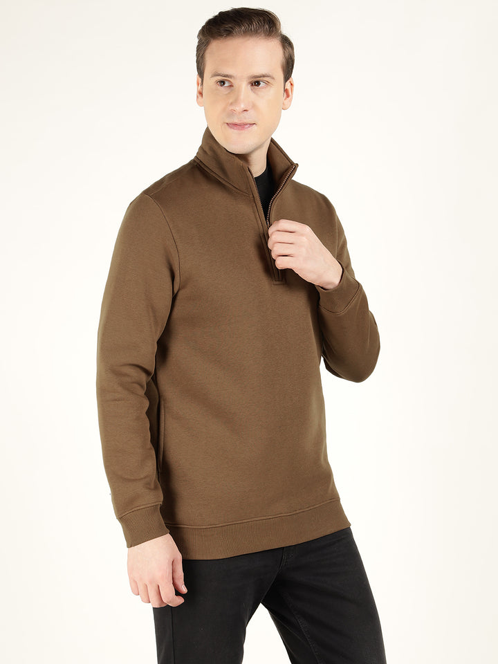 Men Tan Solid Cotton Rich Regular Fit Casual Sweatshirt
