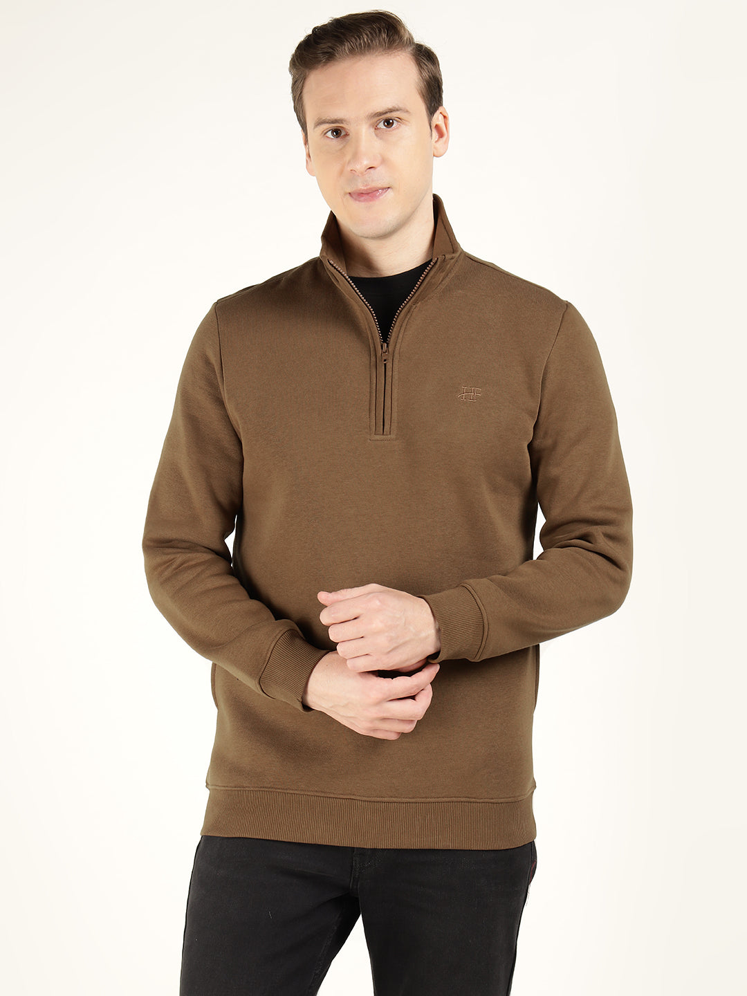 Men Tan Solid Cotton Rich Regular Fit Casual Sweatshirt