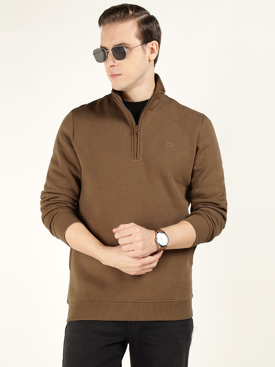 Men Tan Solid Cotton Rich Regular Fit Casual Sweatshirt