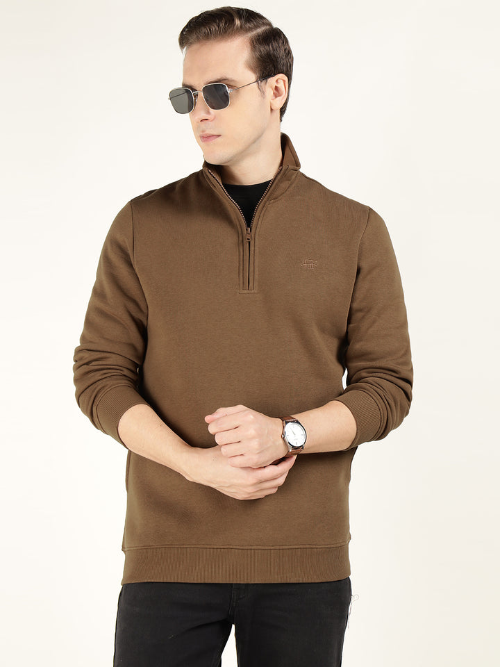 Men Tan Solid Cotton Rich Regular Fit Casual Sweatshirt