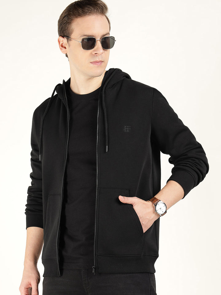 Men Black Solid Cotton Rich Regular Fit Casual Sweatshirt