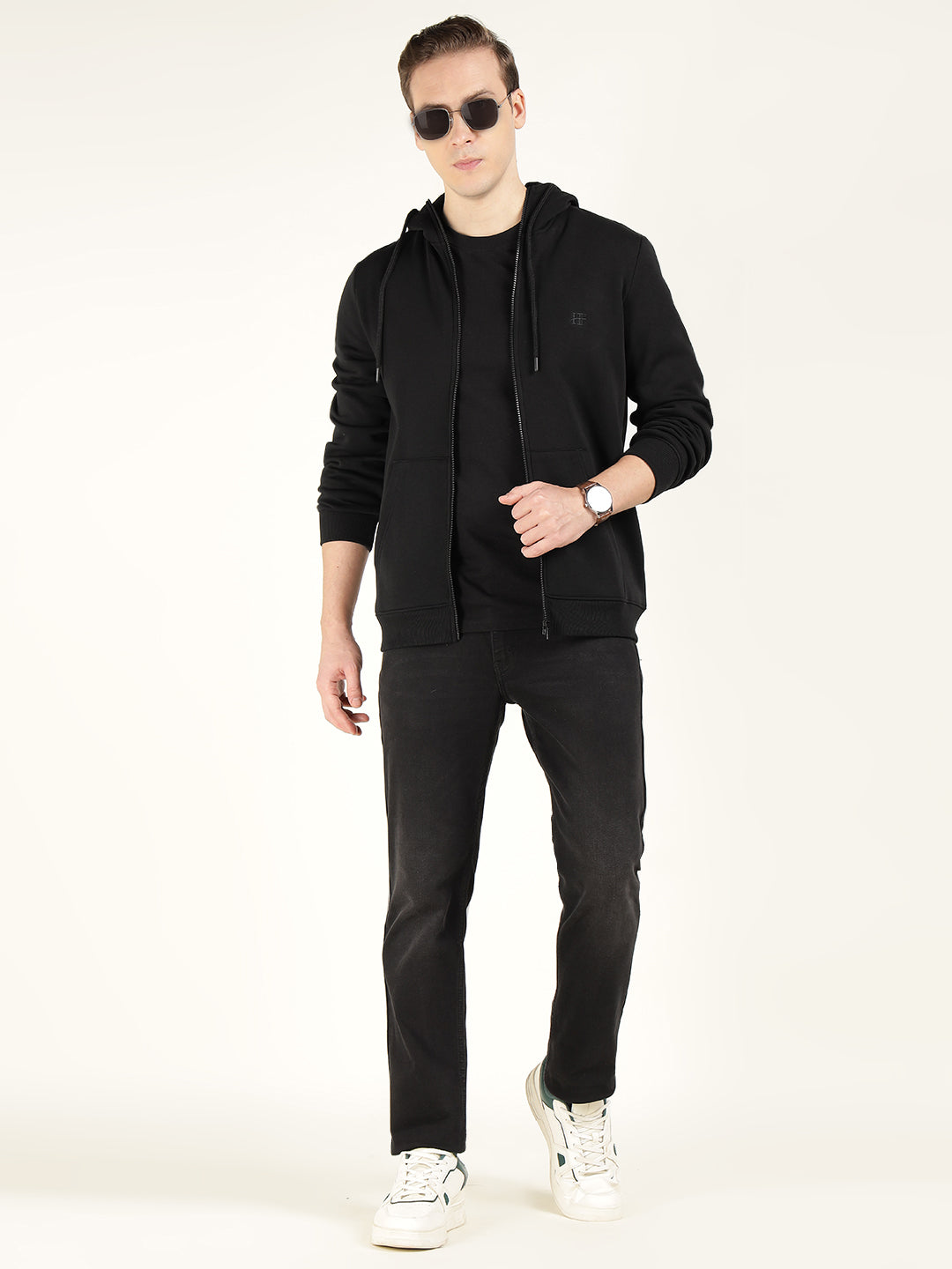 Men Black Solid Cotton Rich Regular Fit Casual Sweatshirt