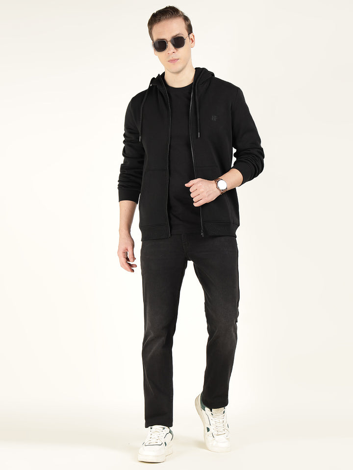 Men Black Solid Cotton Rich Regular Fit Casual Sweatshirt
