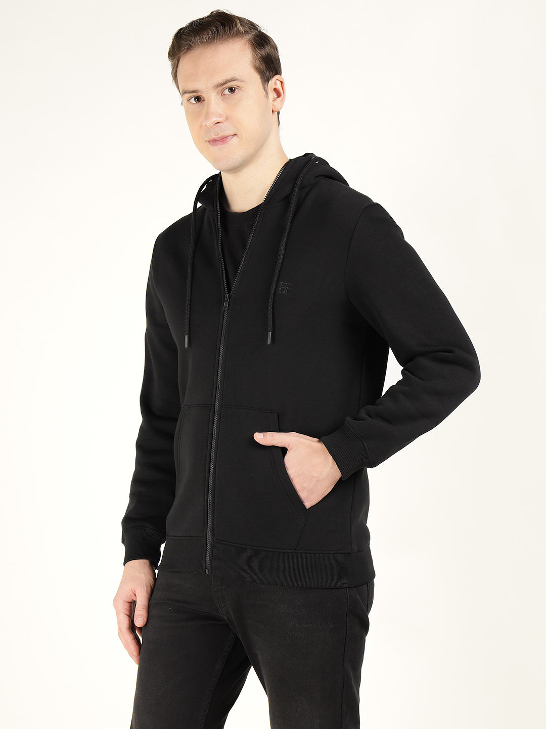 Men Black Solid Cotton Rich Regular Fit Casual Sweatshirt