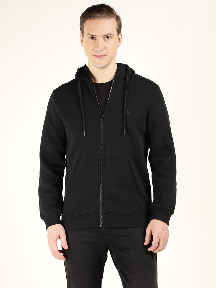 Men Black Solid Cotton Rich Regular Fit Casual Sweatshirt
