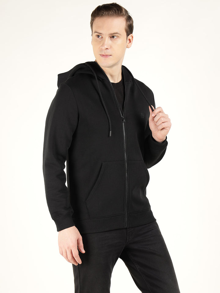 Men Black Solid Cotton Rich Regular Fit Casual Sweatshirt