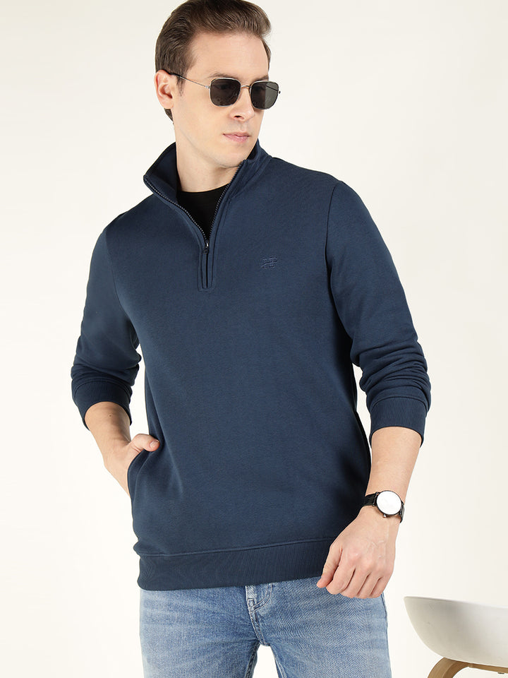 Men Navy Blue Solid Cotton Rich Regular Fit Casual Sweatshirt