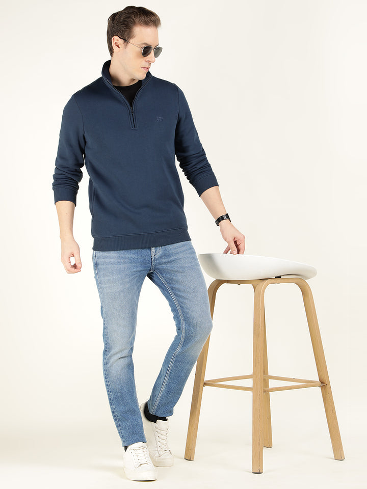 Men Navy Blue Solid Cotton Rich Regular Fit Casual Sweatshirt