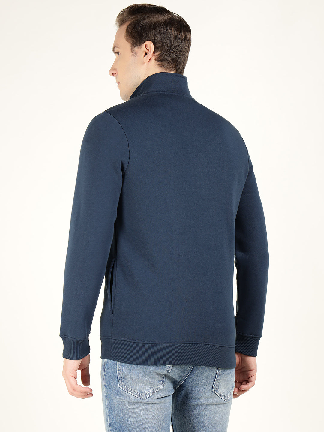 Men Navy Blue Solid Cotton Rich Regular Fit Casual Sweatshirt