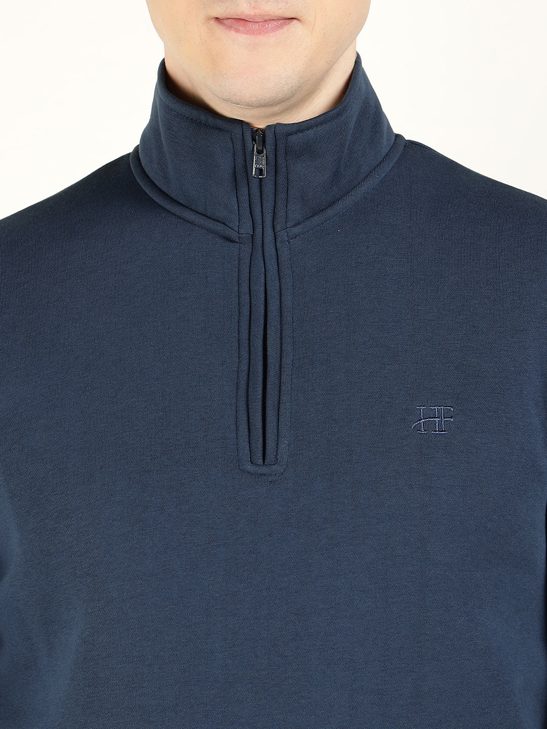 Men Navy Blue Solid Cotton Rich Regular Fit Casual Sweatshirt