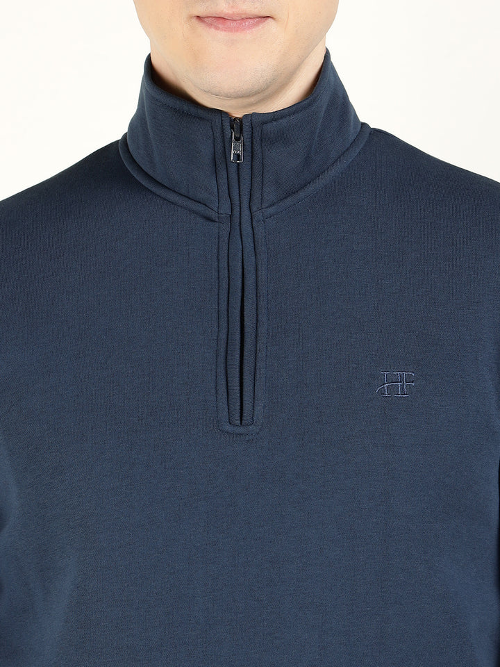 Men Navy Blue Solid Cotton Rich Regular Fit Casual Sweatshirt
