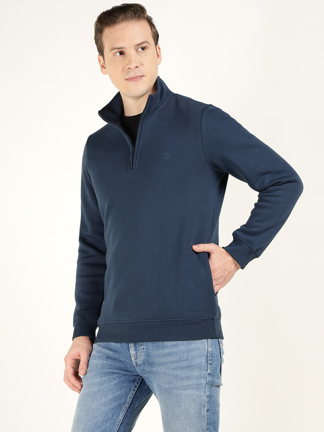 Men Navy Blue Solid Cotton Rich Regular Fit Casual Sweatshirt