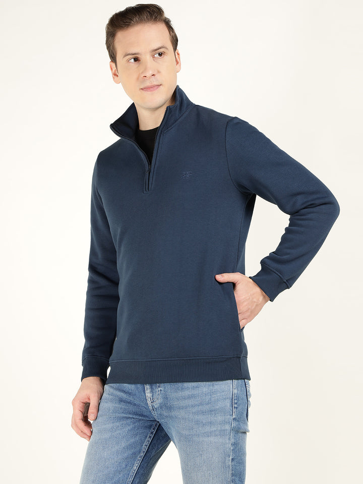 Men Navy Blue Solid Cotton Rich Regular Fit Casual Sweatshirt