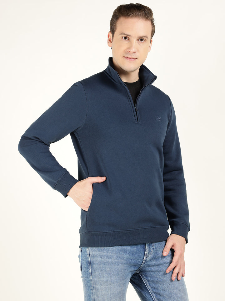 Men Navy Blue Solid Cotton Rich Regular Fit Casual Sweatshirt
