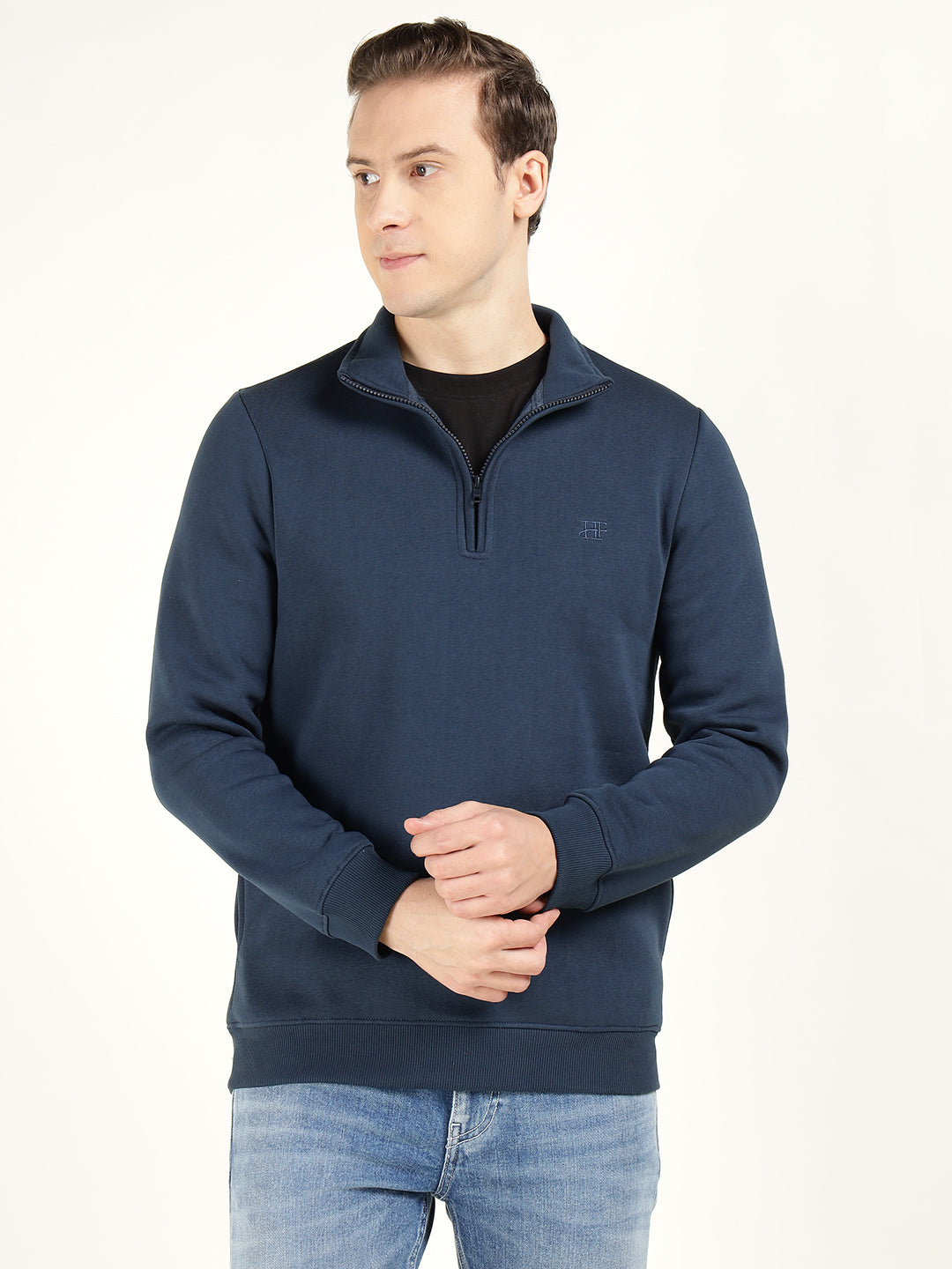 Men Navy Blue Solid Cotton Rich Regular Fit Casual Sweatshirt