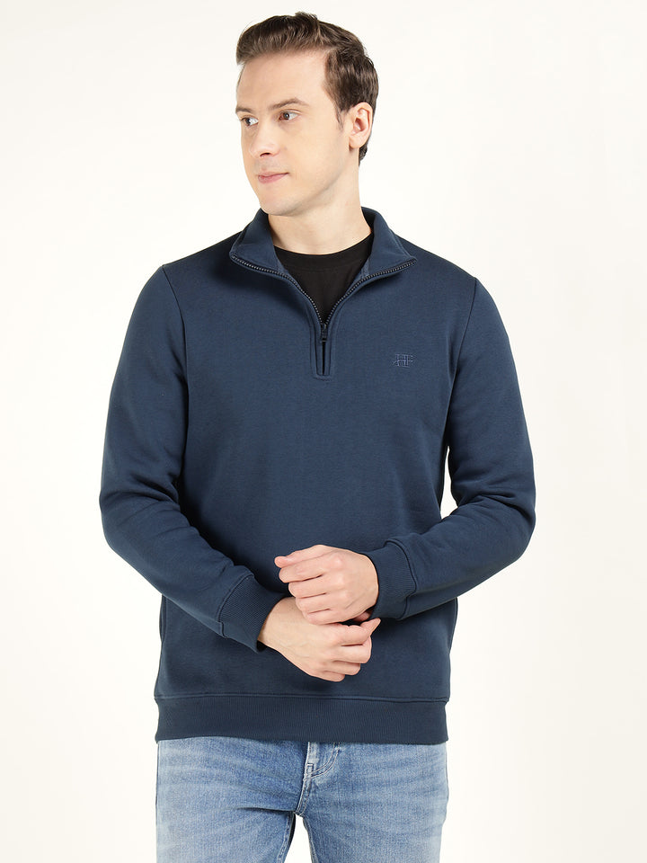 Men Navy Blue Solid Cotton Rich Regular Fit Casual Sweatshirt