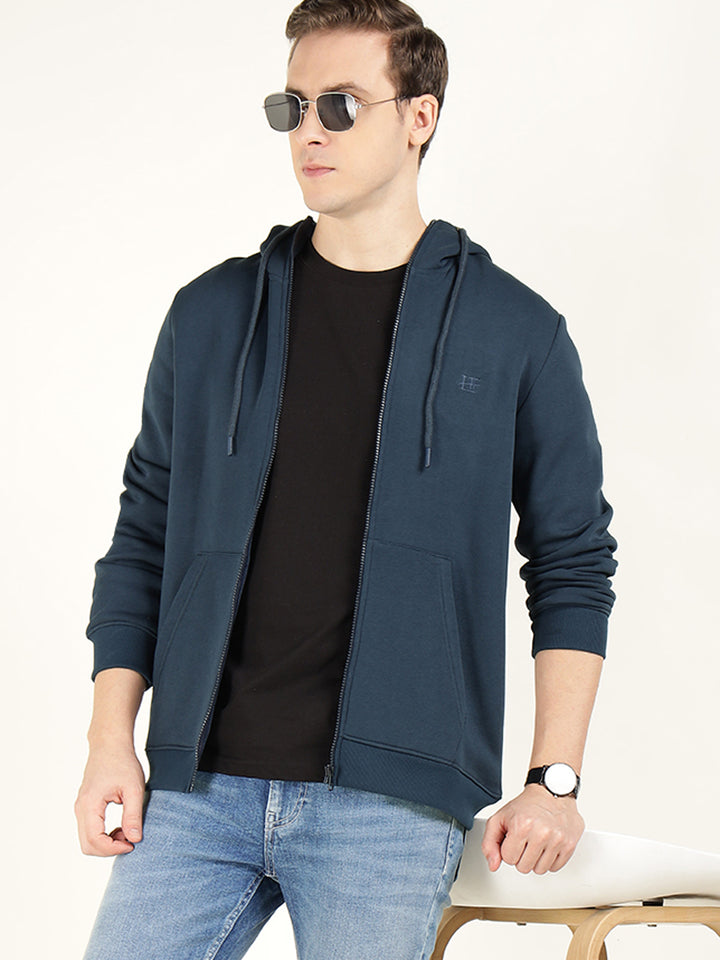 Men Navy Blue Solid Cotton Rich Regular Fit Casual Sweatshirt