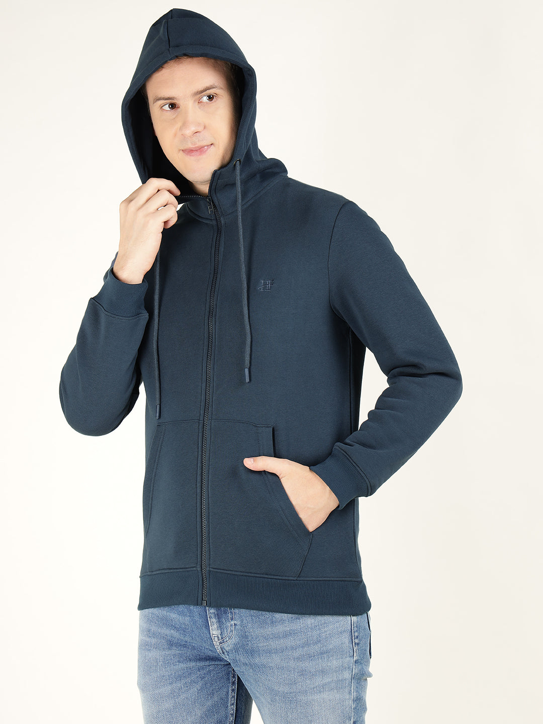 Men Navy Blue Solid Cotton Rich Regular Fit Casual Sweatshirt