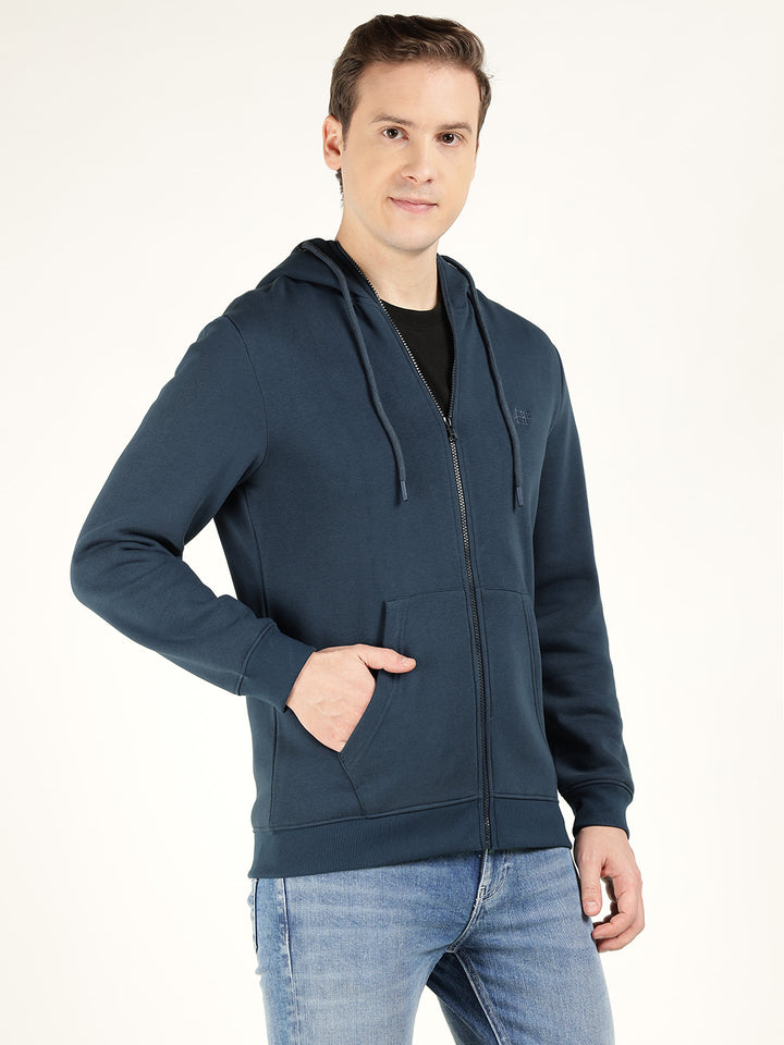 Men Navy Blue Solid Cotton Rich Regular Fit Casual Sweatshirt
