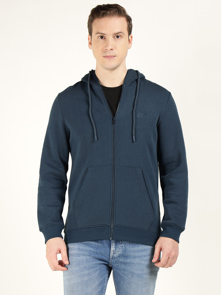 Men Navy Blue Solid Cotton Rich Regular Fit Casual Sweatshirt