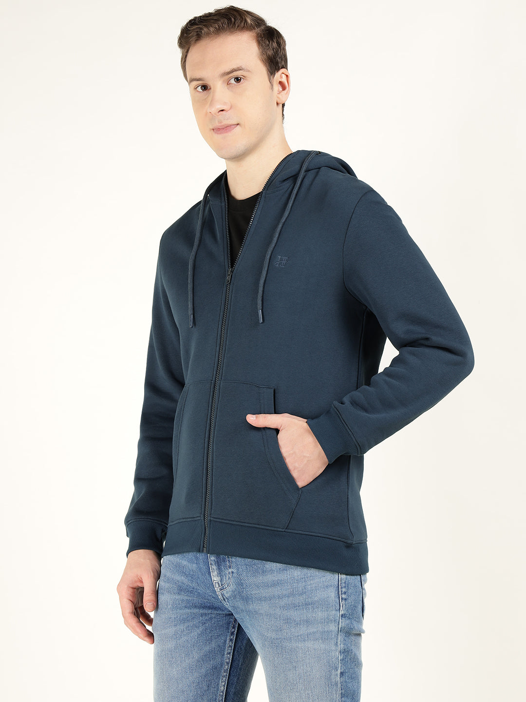 Men Navy Blue Solid Cotton Rich Regular Fit Casual Sweatshirt